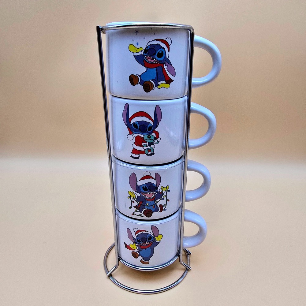 Disney Stitch Christmas Stacking Espresso Mug Set 4pc with Rack Silver Buffalo